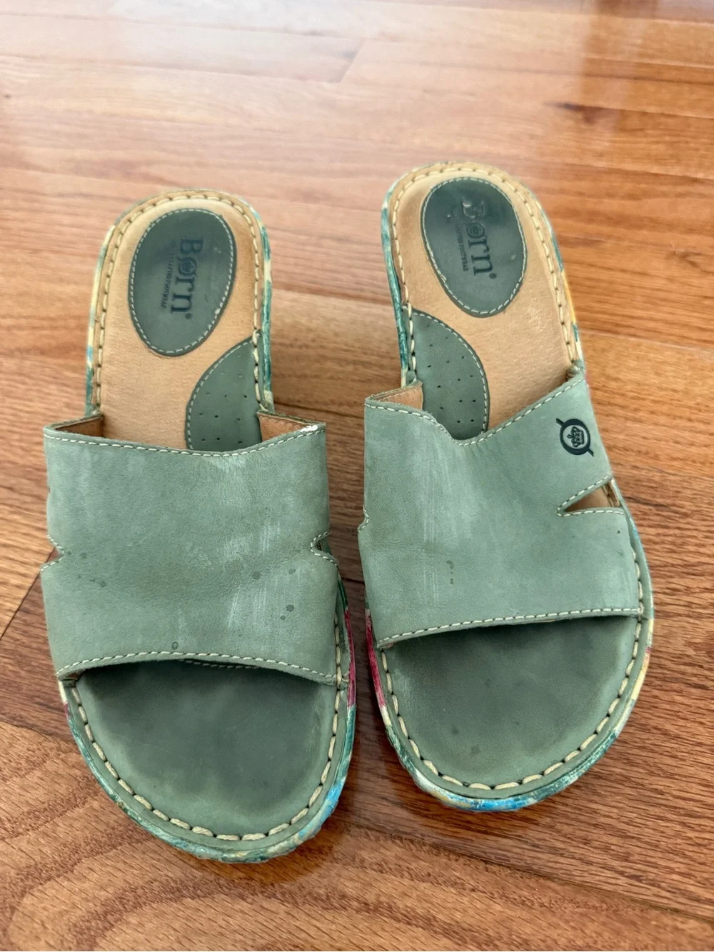 Born Sage Green Leather Slide Sandals